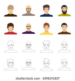 The appearance of the young guy, the face of a bald man with a mustache in his glasses. Face and appearance set collection icons in cartoon,outline style vector symbol stock illustration web.