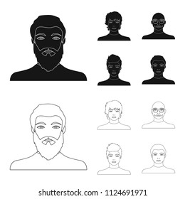 The appearance of the young guy, the face of a bald man with a mustache in his glasses. Face and appearance set collection icons in black,outline style vector symbol stock illustration web.