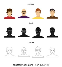 The appearance of the young guy, the face of a bald man with a mustache in his glasses. Face and appearance set collection icons in cartoon,black,outline style vector symbol stock illustration web.