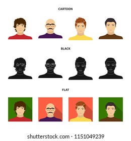 The appearance of the young guy, the face of a bald man with a mustache in his glasses. Face and appearance set collection icons in cartoon,black,flat style vector symbol stock illustration web.