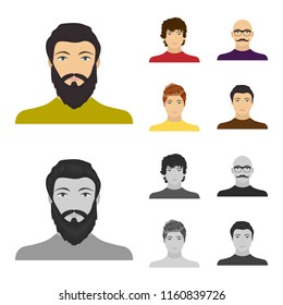 The appearance of the young guy, the face of a bald man with a mustache in his glasses. Face and appearance set collection icons in cartoon,monochrome style vector symbol stock illustration web.