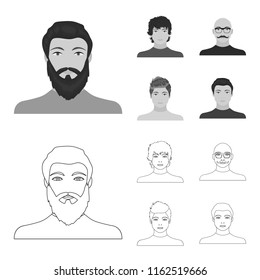 The appearance of the young guy, the face of a bald man with a mustache in his glasses. Face and appearance set collection icons in outline,monochrome style vector symbol stock illustration web.