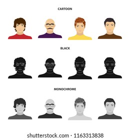The appearance of the young guy, the face of a bald man with a mustache in his glasses. Face and appearance set collection icons in cartoon,black,monochrome style vector symbol stock illustration web.