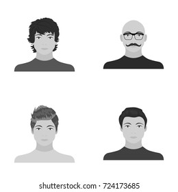 The appearance of the young guy, the face of a bald man with a mustache in his glasses. Face and appearance set collection icons in monochrome style vector symbol stock illustration web.