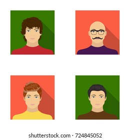 The appearance of the young guy, the face of a bald man with a mustache in his glasses. Face and appearance set collection icons in flat style vector symbol stock illustration web.