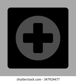 Append vector icon. Style is flat rounded square button, gray and black colors, silver background.