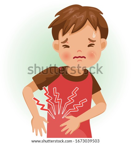 Appendicitis. The boy is sick, Sick person and feeling bad. Cartoons showing negative gestures and feelings. The child is a patient. Cartoon vector illustration.