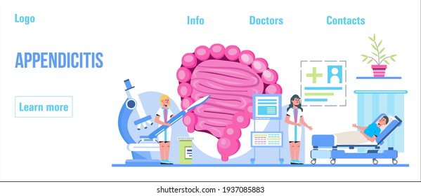 Appendicitis concept vector for medical websites, blogs. Intestine doctors examine, treat dysbiosis. Tiny therapist of proctology make colonoscopy. Proctologist working.