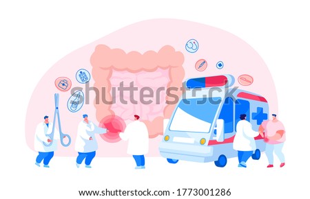Appendicitis Disease Concept. Appendix Pain Emergency Ambulance Help, Surgery. Doctor and Surgeon Help Patient Character with Abdominal Pain in Intestines Symptoms. Cartoon People Vector Illustration