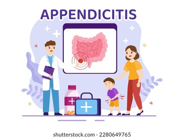 Appendicitis Ilustración con niños Inflamación del Apéndice y Tratamiento del Estómago en la Mano de Caricatura Sanitaria Dibujada para Plantillas de Página de Aterrizaje