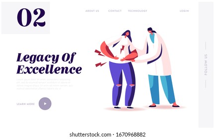 Appendicitis Inflammation Disease Landing Page Template. Doctor Character Trying to Help Sick Woman Touching Painful Stomach Suffering from Stomachache, Healthcare. Cartoon People Vector Illustration