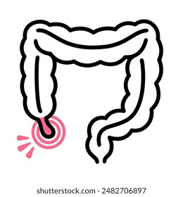 Appendicitis line icon. Human colon with inflamed appendix drawing. Vector illustration.