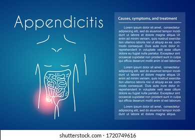 Appendicitis linear icon on blue background. Vector illustration of young man with red spot on his tummy suffers from inflammation of appendix. Design template for medicine or therapy for appendicitis