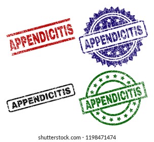 APPENDICITIS seal prints with corroded style. Black, green,red,blue vector rubber prints of APPENDICITIS title with scratched surface. Rubber seals with circle, rectangle, medal shapes.