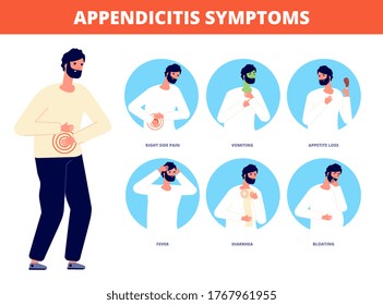 Appendicitis Symptoms. Abdominal Pain Disease, Diarrhea Nausea Vomiting. Stomach Gastric Spasms Colic, Emergency Patient Vector Illustration