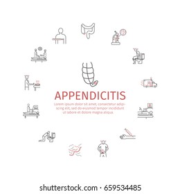Appendicitis. Symptoms, Treatment. Line icons set. Vector signs