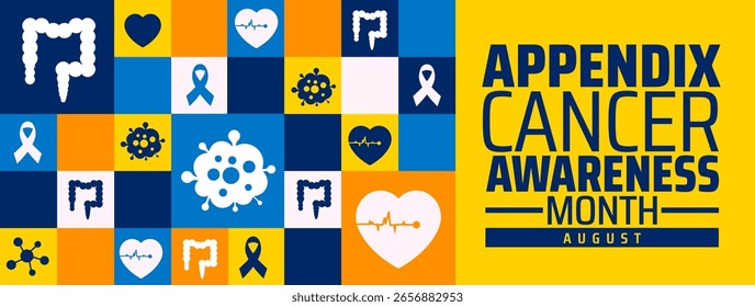 Appendix Cancer Awareness Month background, banner or poster design for August featuring a bold typographic message and icon grid with ribbons, hearts, and anatomical symbols promoting education.