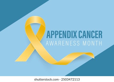 Appendix Cancer Awareness Month Banner, August. Card or Placard with Realistic 3D Vector Yellow Ribbon on Blue Background. Cancer Awareness Month Symbol, Closeup. World Appendix Cancer Day Concept