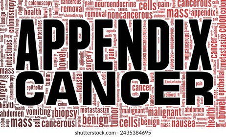 Apéndice Cáncer nube de palabras diseño conceptual aislado sobre fondo blanco.