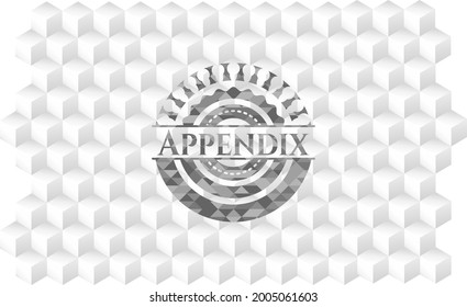 Appendix grey badge with geometric cube white background. 