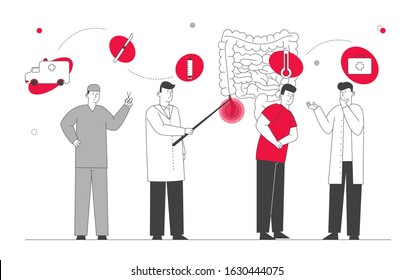 Appendix Pain and Appendicitis Disease Concept. Doctor and Surgeon Help Man with Intestine Inflammation and Abdominal Pain Symptoms. Emergency Help, Surgery. Cartoon Flat Vector Illustration, Line Art