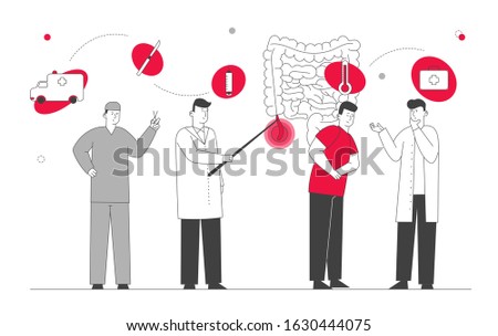 Appendix Pain and Appendicitis Disease Concept. Doctor and Surgeon Help Man with Intestine Inflammation and Abdominal Pain Symptoms. Emergency Help, Surgery. Cartoon Flat Vector Illustration, Line Art