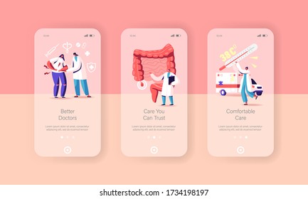 Appendix Pain, Appendicitis Disease Mobile App Page Onboard Screen Template. Tiny Doctor Characters Help Patient with Abdominal Pain. Emergency, Surgery Concept. Cartoon People Vector Illustration svg