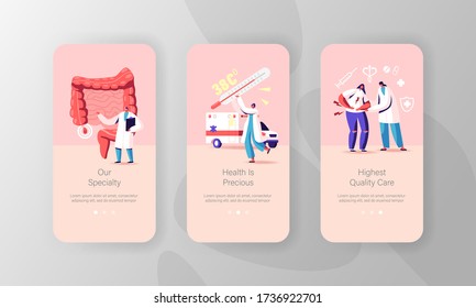 Appendix Treatment Mobile App Page Onboard Screen Template. Tiny Doctor Characters at Human Intestines with Abdominal Pain, Gastrointestinal System Disease Concept. Cartoon People Vector Illustration