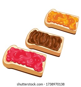 Appetising hazelnut chocolate butter and jam open sandwiches. Toast bread, jam preserve, nut butter spread. Detailed texture rendering, isolated vector illustration.