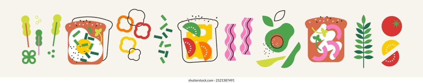 Apetitosa colección de sándwich. Ilustración vectorial plana abstracta decorativa con pan tostado, verduras, queso, huevo. Conjunto de iconos verdes. Amplio fondo para el cartel, diseño de menú. Eco. Concepto de comida saludable