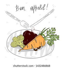 Вon appetite. cute set of vegetables on a plate. vector illustration.
