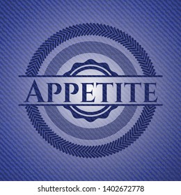 Appetite emblem with denim high quality background. Vector Illustration. Detailed.