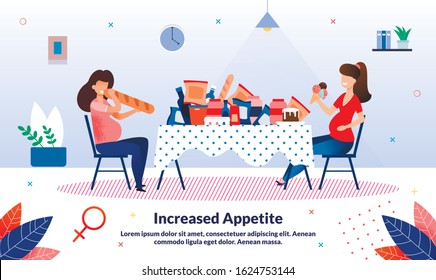 Appetite Increasing, Eating Disorders During Pregnancy Trendy Flat Vector Banner, Poster Template. Pregnant Women Eating Various Unhealthy Food, Overeating with Fast Food and Sweets Illustration