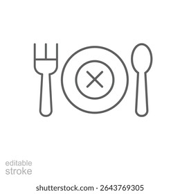 Appetite loss icon outline style. Crossed plate between fork and spoon representing food aversion, meal refusal, or digestive issue. Thin line symbol vector illustration. Editable stroke