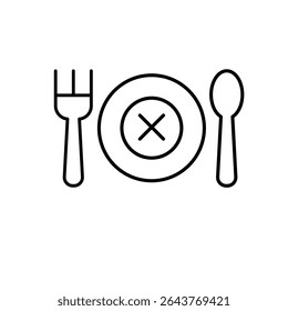 Appetite loss icon outline style. Crossed plate between fork and spoon representing food aversion, meal refusal, or digestive issue. Thin line symbol vector illustration.