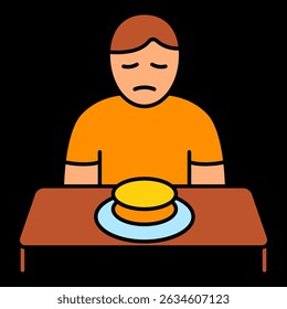 Appetite loss icon. Person sitting at table staring at food without interest symbolizes eating disorder, depression, or physical fatigue.