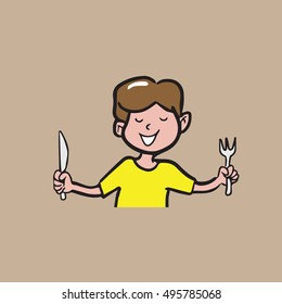 Appetite man holding knife and fork cartoon drawing