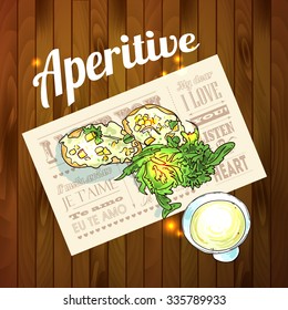 Appetizer and aperitive vector food illustration top view