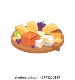 Appetizer cheese platter featuring cheddar brie grapes apple slices and crackers on wooden board with knife vector illustration for gourmet snack board catering party food menu design elements.