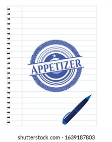 Appetizer emblem with pen effect. Blue ink. Vector Illustration. Detailed.