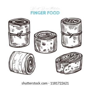 Appetizer finger food, vector sketch hand drawn illustration. Turkey wraps with pita, salad, cheese, meat. Roll-ups with cucumber