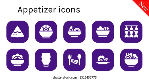 appetizer icon set. 10 filled appetizer icons.  Simple modern icons about  - Nachos, Salad, Dried fish, Mayonnaise