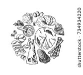 Appetizer set. Hand drawn sketch of cheese, meat, fruit and cookies