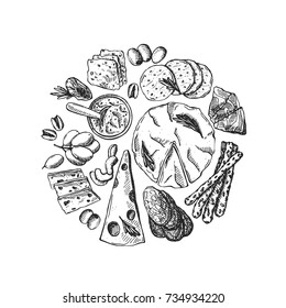 Appetizer set. Hand drawn sketch of cheese, meat, fruit and cookies