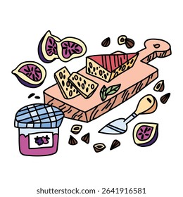 Appetizer table setting with cheese on a wooden board, nuts and figs, a jar of jam and cheese knife