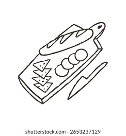 Appetizers plate, cartoon doodle vector illustration isolated on white background. Hand drawn outline art with grunge texture. Concepts of restaurant, food, cheese and charcuterie board.