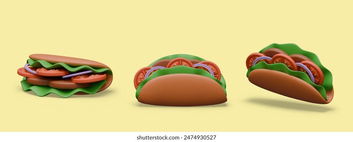 Appetizing 3D tacos, view from different sides. Crispy fast food