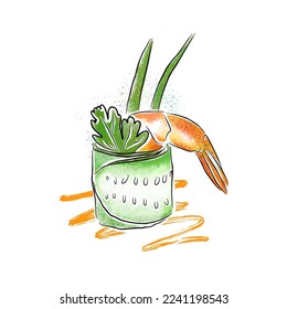 Aperitivo apetitoso, camarón con pepino y hierbas, menú del restaurante. Imagen de la acuarela vectorial de los alimentos, el doodle