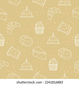 Appetizing baked goods, beige seamless pattern