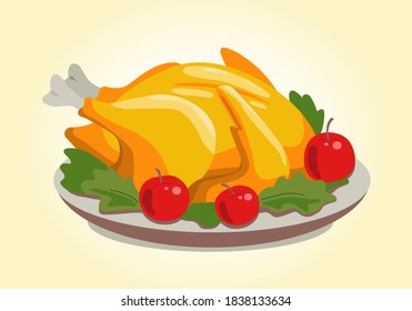 Appetizing Baked Turkey with Greens and Apples on a Plate on a Light Yellow Background, Vector Illustration